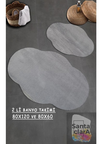 Grı Banyo Halısı Peluş Post Halı Klozet 2 Li Takımı 80X120 + 80X60