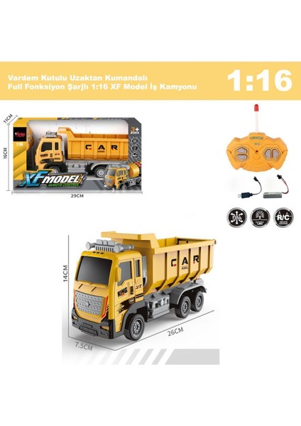 Uzaktan Kumandalı Full Fonksiyon Şarjlı 1:16 Inşaat Iş Kamyonu Damperli 26 cm