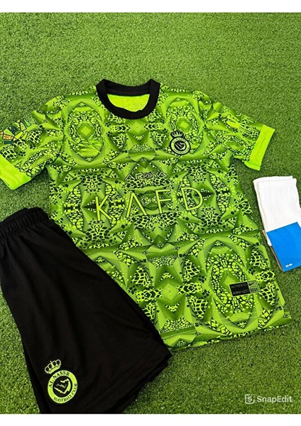 Yeni Sezon 2023/24 Cristiano Ronaldo Yeşil Çocuk Forması 3 Lü Set T-Shirt