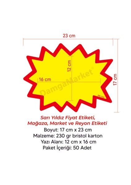 Sarı Yıldız Etiketi, Mağaza, Market ve Reyon Etiketi 17X23 cm 230 gr Bristol Karton 50 Adet fırsatları