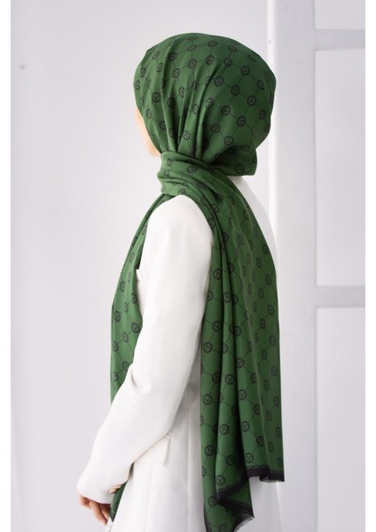 % 100 Ipek V Logo Desenli Zümrüt Yeşili Renkli 90X210 Şal