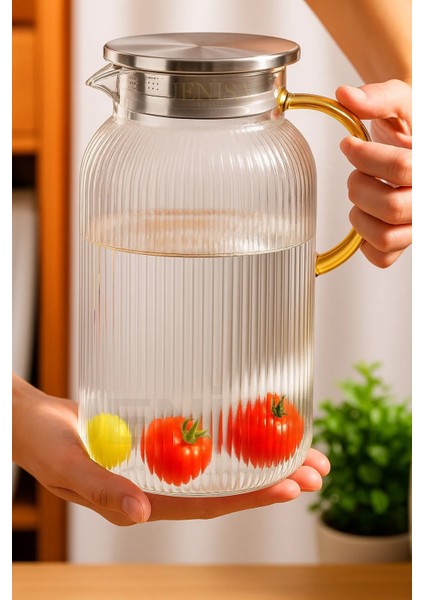 1500 ml Borosilikat Cam Çizgili Sürahi, Süzgeçli Metal Kapak, Isıya Dayanıklı ve Şık Tasarım fiyatları