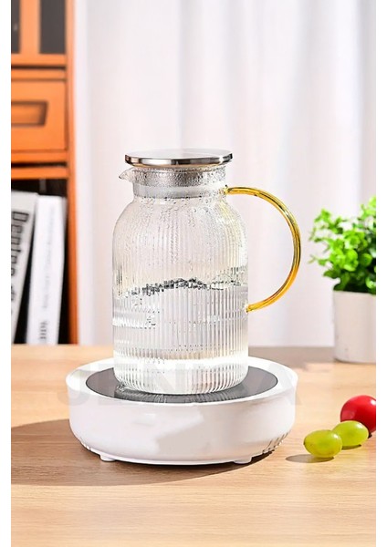 1500 ml Borosilikat Cam Çizgili Sürahi, Süzgeçli Metal Kapak, Isıya Dayanıklı ve Şık Tasarım indirimleri