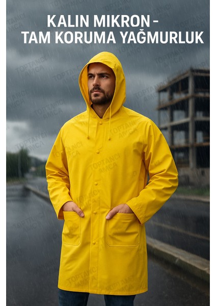 Pvc Kalın Yağmurluk Kapüşonlu 0.32 Mikron Kalınlık Fermuarlı Çıtçıtlı Su Geçirmez Iş Tipi Yağmurluk