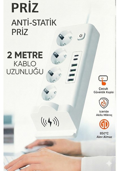 4'lü Akım Korumalı Priz ve Masaüstü Şarj Istasyonu 15W Kablosuz Şarj Standı Type-C Hızlı Şarj Çıkışı