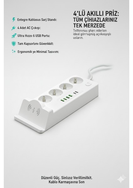 4'lü Akım Korumalı Priz ve Masaüstü Şarj Istasyonu 15W Kablosuz Şarj Standı Type-C Hızlı Şarj Çıkışı fiyatları