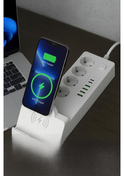 4'lü Akım Korumalı Priz ve Masaüstü Şarj Istasyonu 15W Kablosuz Şarj Standı Type-C Hızlı Şarj Çıkışı modelleri