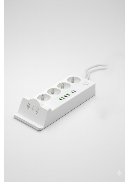 4'lü Akım Korumalı Priz ve Masaüstü Şarj Istasyonu 15W Kablosuz Şarj Standı Type-C Hızlı Şarj Çıkışı