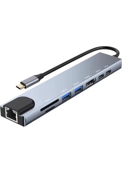 Type-C Çoklu Dönüştürücü – 87W Pd, Hdmı, 2x USB 3.0, RJ45, Sd/tf Kart Girişli Hub