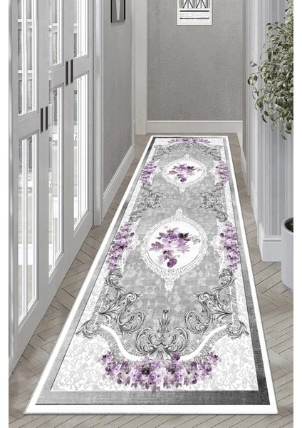 Mor Renkli Kaymaz Tabanlı Yıkanabilir Baskılı Koridor Halısı