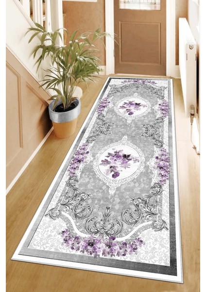 Mor Renkli Kaymaz Tabanlı Yıkanabilir Baskılı Koridor Halısı modelleri