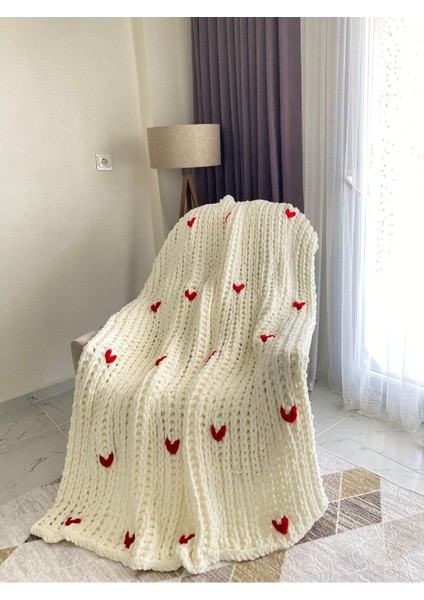El Yapımı Kalın Tv Battaniye, Kırmızı Kalp Desenli, 170X120 Cm, Beyaz modelleri