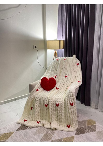 El Yapımı Kalın Tv Battaniye, Kırmızı Kalp Desenli, 170X120 Cm, Beyaz fırsatları