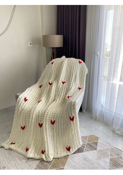 El Yapımı Kalın Tv Battaniye, Kırmızı Kalp Desenli, 170X120 Cm, Beyaz indirimleri