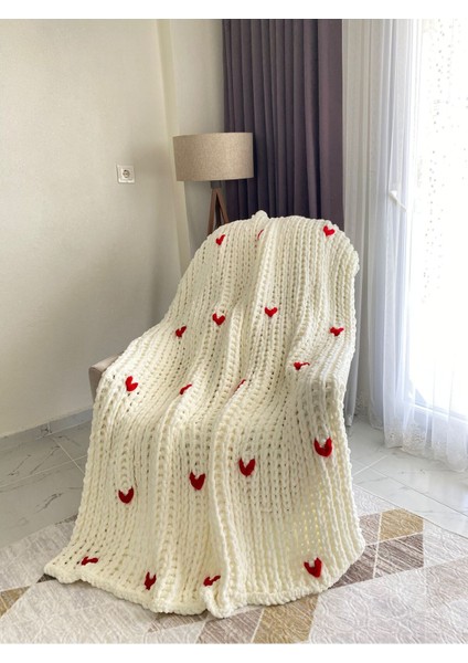 El Yapımı Kalın Tv Battaniye, Kırmızı Kalp Desenli, 170X120 Cm, Beyaz