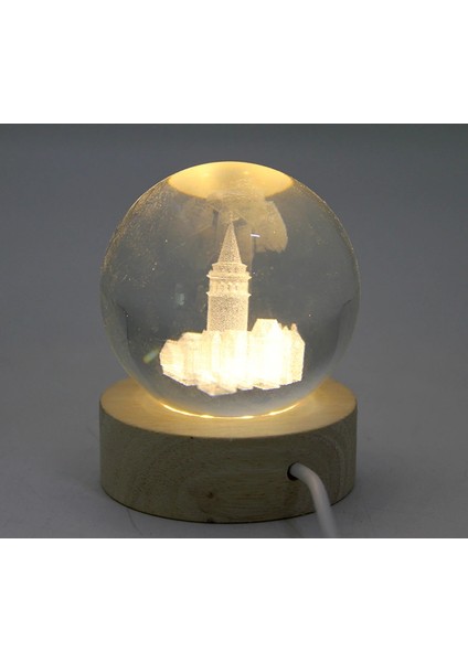 3D Kristal Cam Küre Ahşap Soketli Istanbul Temalı LED Lamba LIV1946
