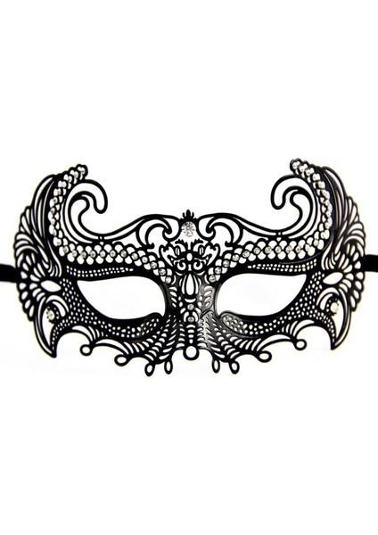 Siyah Renk Lazer Kesim Üzeri Kristal Taşlı Metal Balo Parti Venedik Maskesi - Lisinya