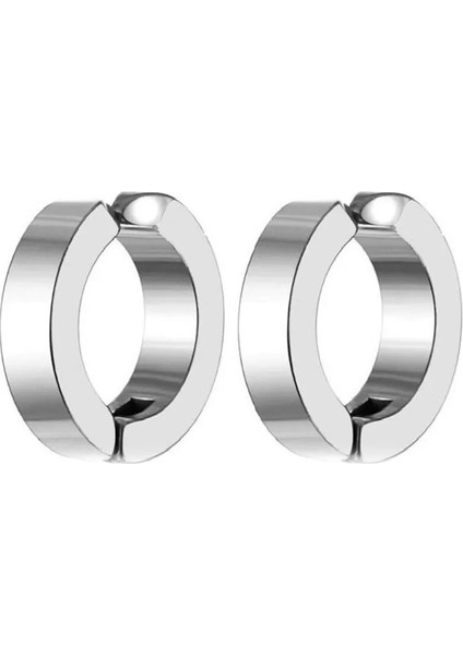 Erkek Küpesi - 2 Adet Çelik Kıstırmalı Küpe Paslanmaz Atmaz Çelik Gümüş Renk Küpe