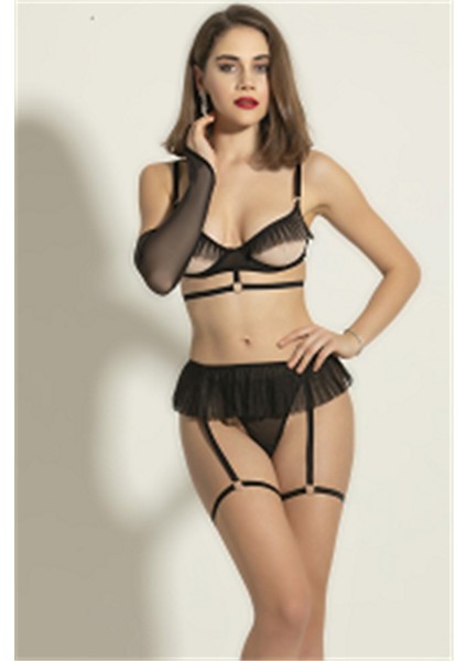 Fantezi Pileli Sütyen Jartiyer Takım Siyah (BRF6372)