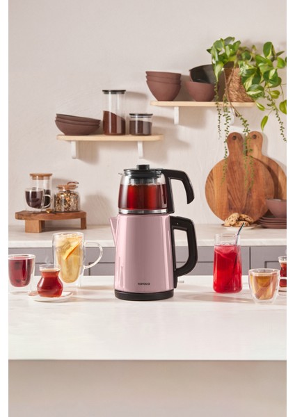 Paslanmaz Çelik 2'li Çay ve Kettle Seti, Mor Renkli, Şık ve Kullanışlı