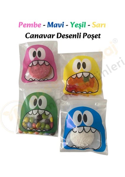 100 Adet 4 Renkli Canavar Desenli Cake Pop & Kurabiye Poşeti - 10X15 cm fiyatları