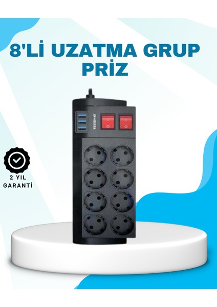 Isıya Dayanıklı Termal Akım Korumalı 8'li Priz ve 3 USB Girişli Uzatma Kablosu