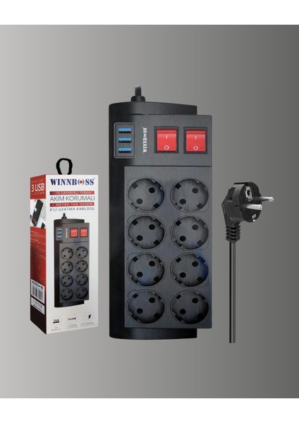Isıya Dayanıklı Termal Akım Korumalı 8'li Priz ve 3 USB Girişli Uzatma Kablosu indirimleri