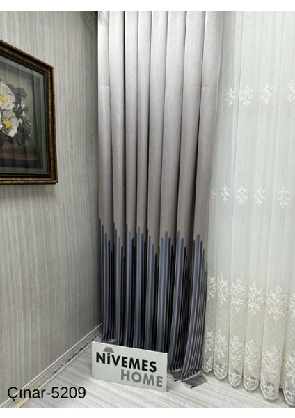 Nivemeshome Çınar Koyu Kahve -Mavi 5209 1/3 Sık Pileli Fon Perde Apm