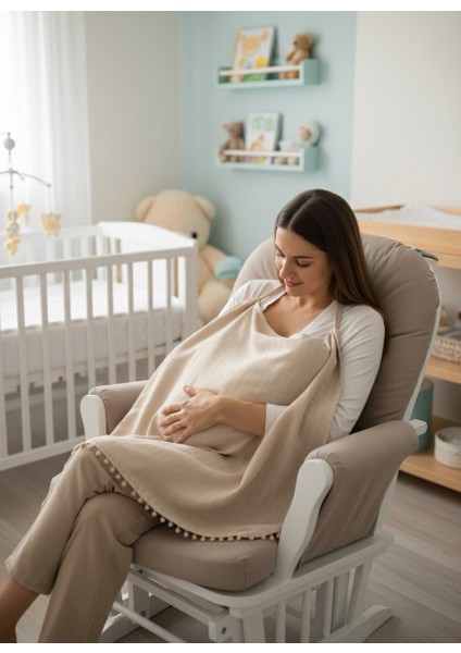 Emzirme Önlüğü Müslin Nefes Alabilen Yumuşak Kumaş -Ponpon Detaylı 2 Katlı Iç Göstermez