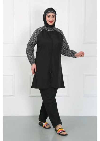 Büyük Beden Desenli Tesettür Mayo Siyah fırsatları