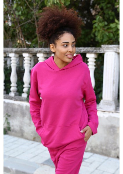Kadın Pamuk Kapşonlu Cepli 3 Iplik Fuşya Eşofman Takım fırsatları