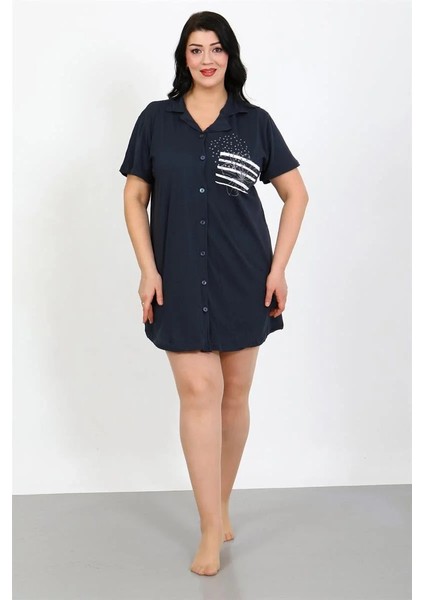 Büyük Beden Penye Düğmeli Lacivert Tunik Gecelik