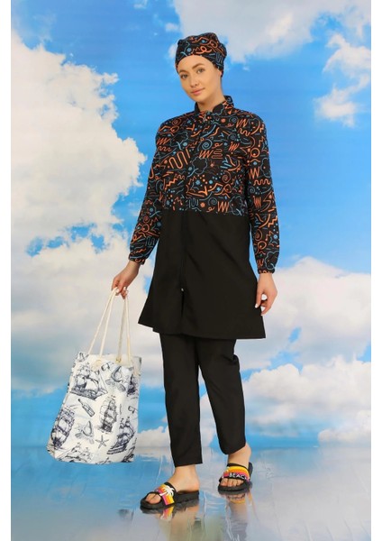 Kadın Pantolonlu Desenli Tam Tesettür Mayo Siyah fiyatları