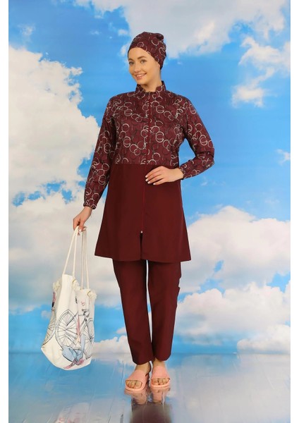 Kadın Pantolonlu Desenli Tam Tesettür Mayo Bordo fiyatları