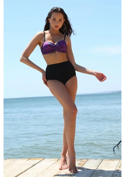 Kadın Yüksel Bel Straplez Mor Bikini fırsatları