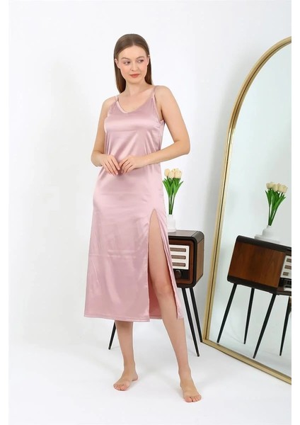 Yırtmaçlı Uzun Saten Gecelik Pudra