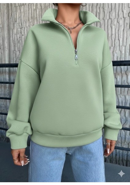 3 Iplik Şardonlu Yarım Fermuarlı Sweatshirt Mint
