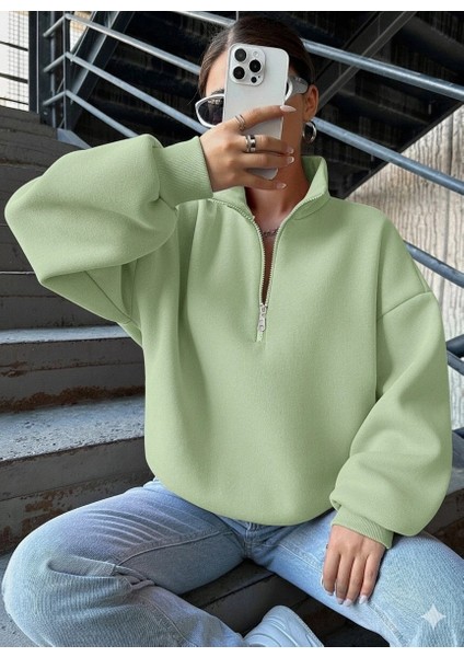 3 Iplik Şardonlu Yarım Fermuarlı Sweatshirt Mint fiyatları