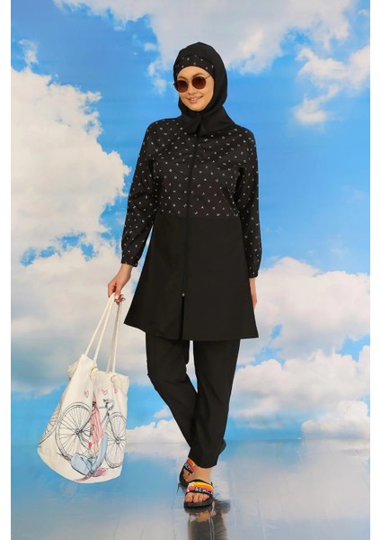 Kadın Pantolonlu Desenli Tam Tesettür Mayo Siyah modelleri