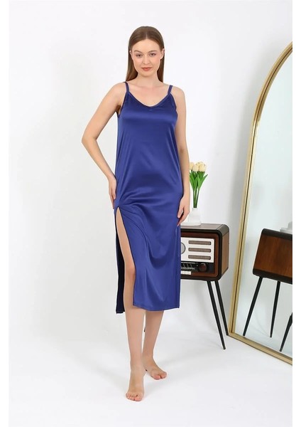 Yırtmaçlı Uzun Saten Gecelik Lacivert fiyatları