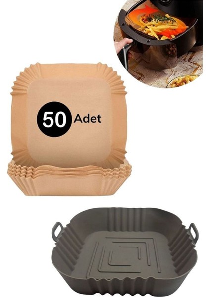 Isıya Dayanıklı Silikon Airfryer Gri Kare Pişirme Matı 20 cm ve 50 Adet Pişirme Kağıdı