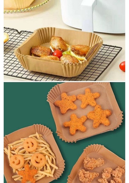 Isıya Dayanıklı Silikon Airfryer Gri Kare Pişirme Matı 20 cm ve 50 Adet Pişirme Kağıdı