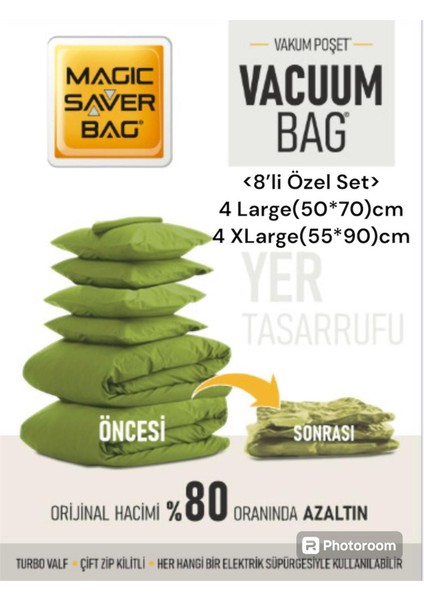 Yeşil Vakumlu Hurç ve Gardırop Düzenleyici Seti, 8'li (4l-4xl)