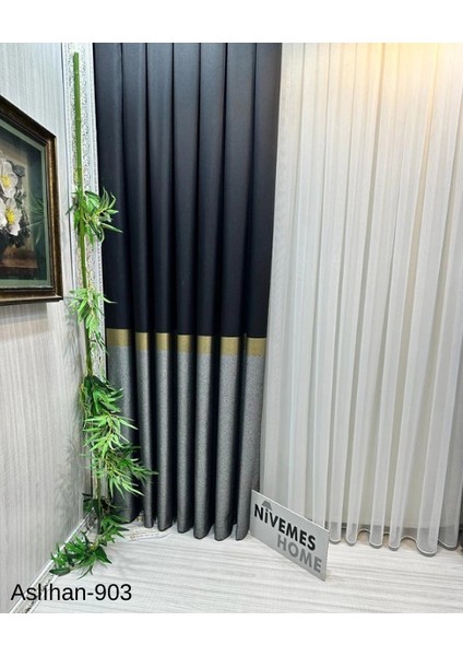 Nivemeshome Aslıhan Siyah-Gold FT632116 V-903 1/3 Sık Pile Fon Perde Apm