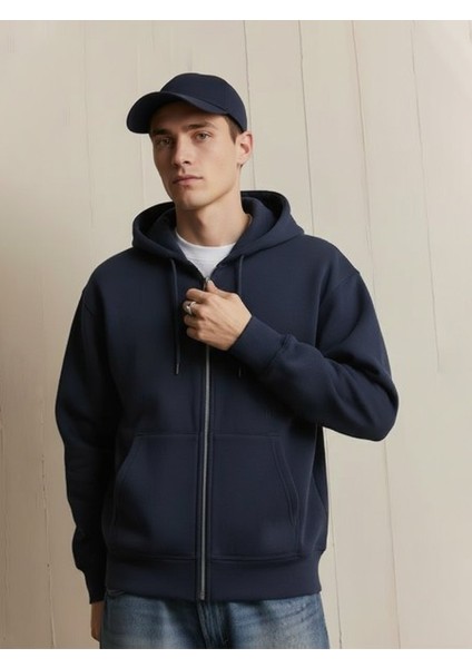 Uzun Kollu Kapüşonlu Önü Fermuarlı Lacivert Sweatshırt