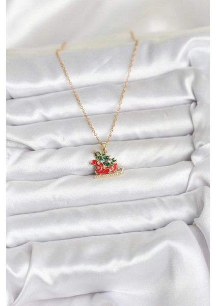 316L Çelik Zincir Gold Renk Kızak ve Çam Ağacı Figürlü Yılbaşı Temalı Kadın Kolye fiyatları