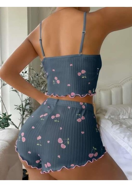 Mavi Kiraz Desenli Askılı Şortlu Pijama Takımı fiyatları