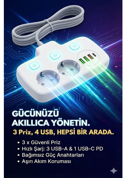 Akım Korumalı 2500W Güçlü 3 USB + Type-C Portlu Çoklu Priz | Hızlı Şarj, Çocuk Kilidi, 2 Metre