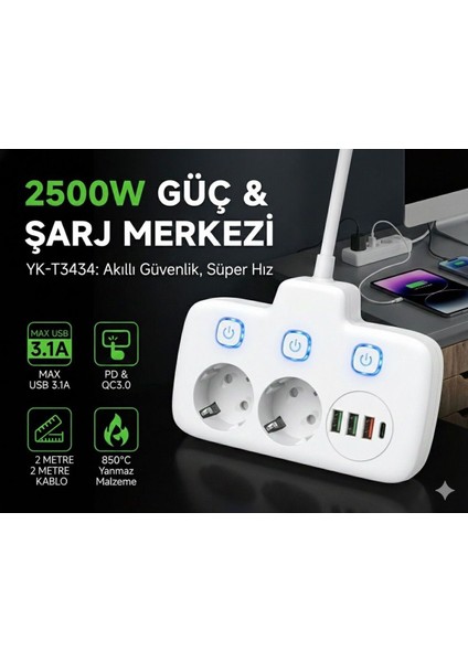 Akım Korumalı 2500W Güçlü 3 USB + Type-C Portlu Çoklu Priz | Hızlı Şarj, Çocuk Kilidi, 2 Metre fiyatları
