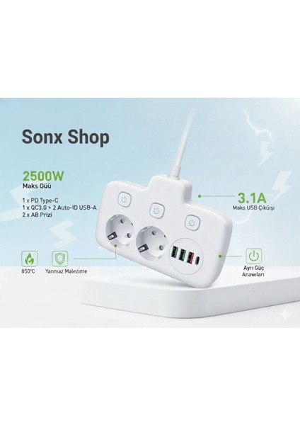 Akım Korumalı 2500W Güçlü 3 USB + Type-C Portlu Çoklu Priz | Hızlı Şarj, Çocuk Kilidi, 2 Metre modelleri